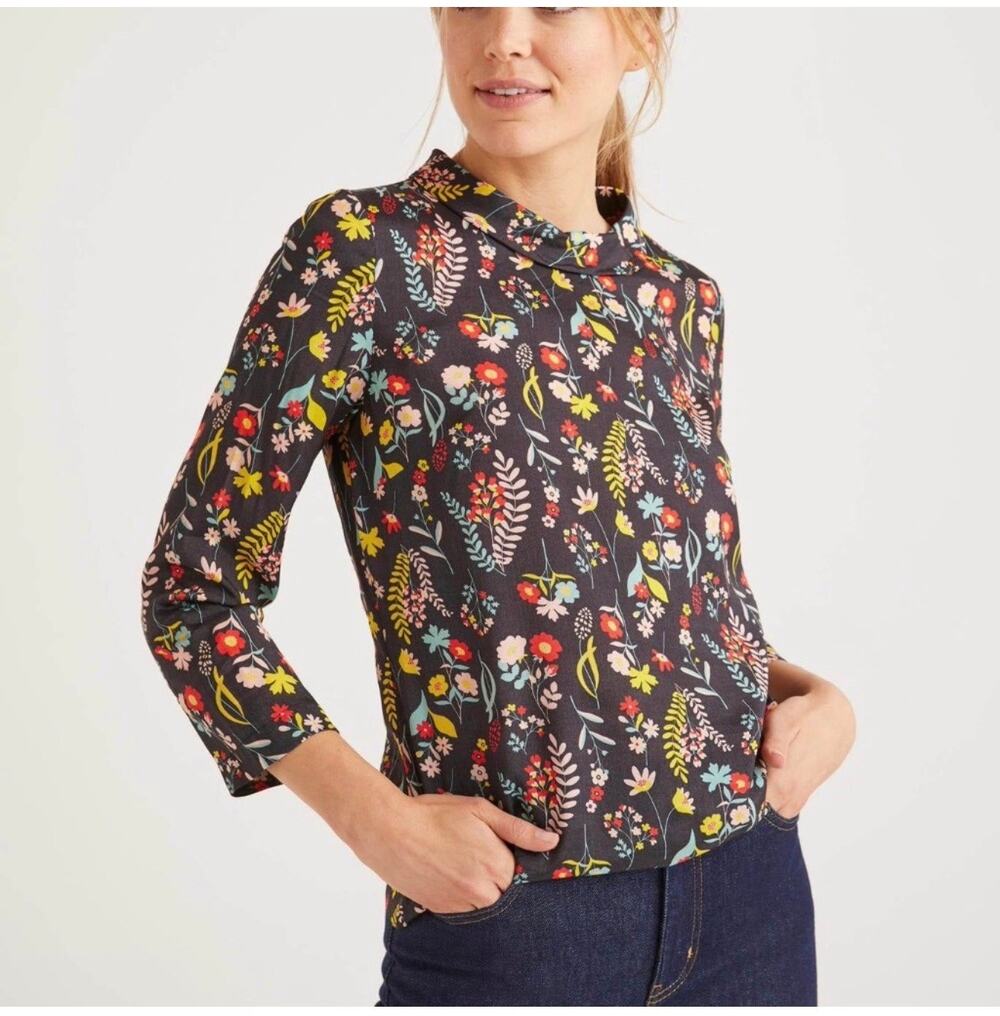 Boden Top Womens 6 Black Lily Floral Botany Study Blouse Whimsy Folk